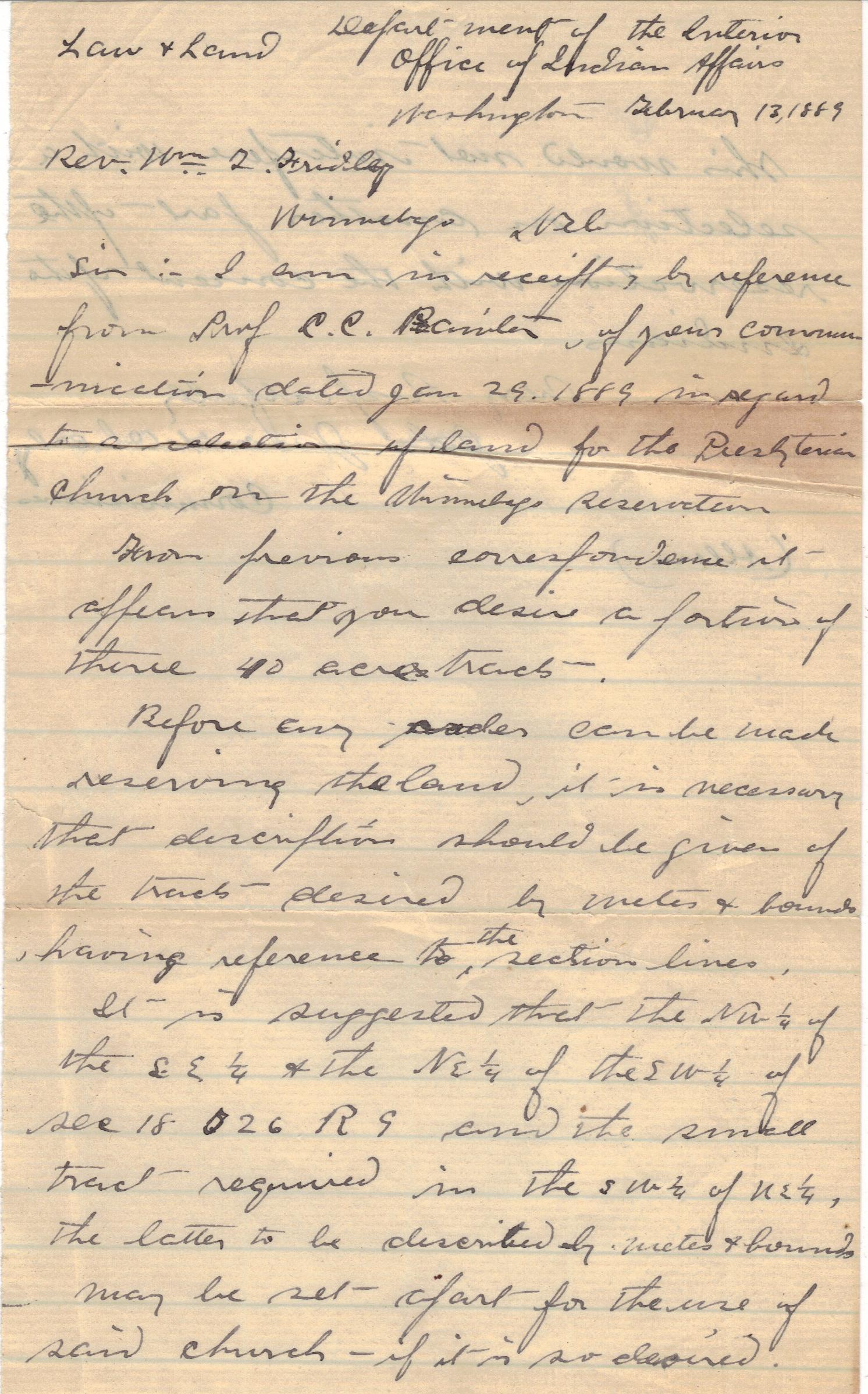 February 13, 1889: Winnebago Mission land papers (1)